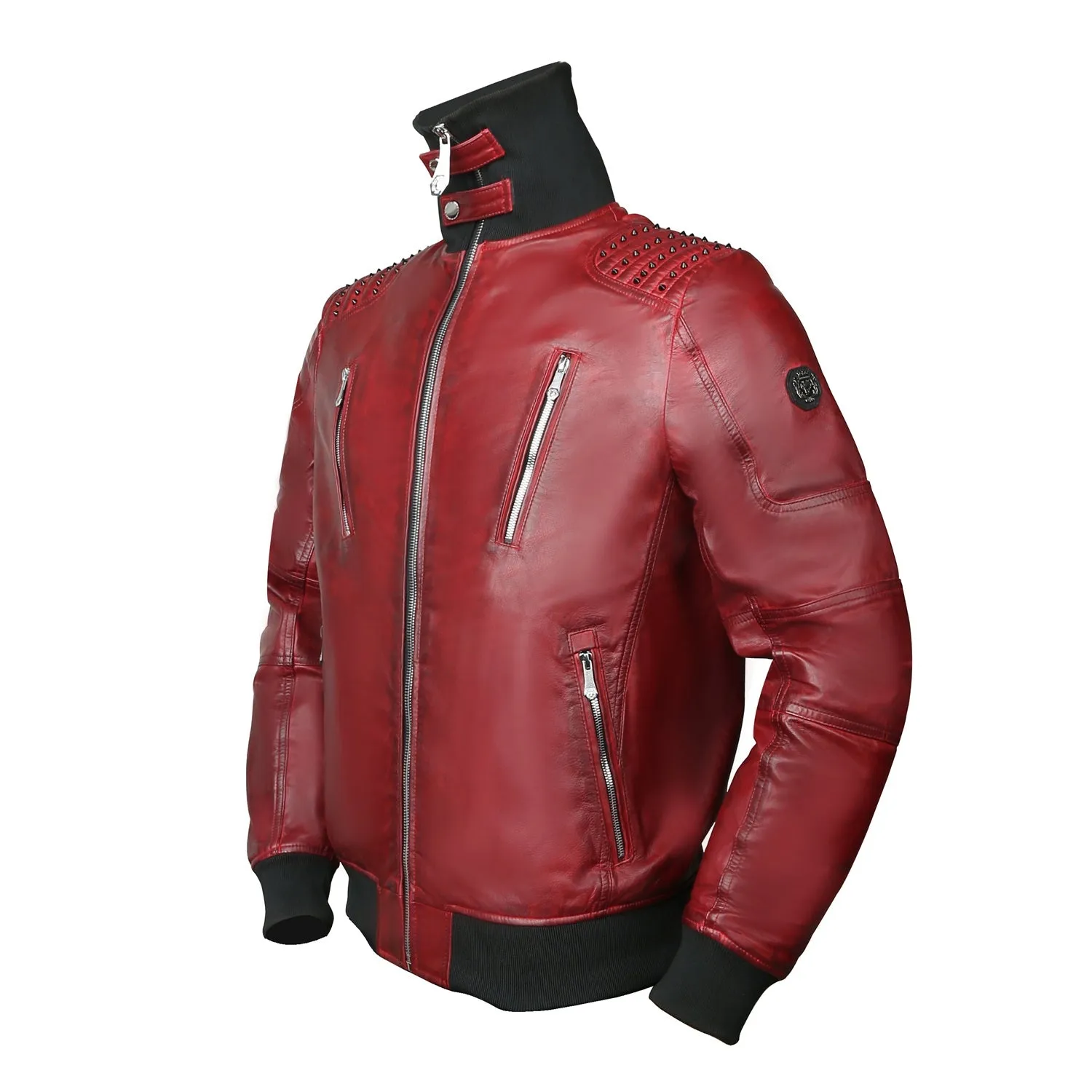 Black Studded Turtle Ribbed Collar Red Genuine Leather Jacket With Metal Lion Logo By Brune & Bareskin