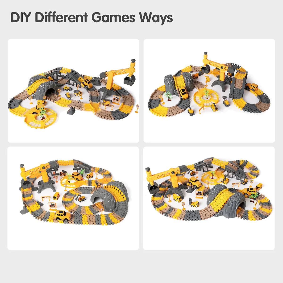 Construction race track vehicle toys, electric cars race cars trucks track sets 258pcs for children 3 Years 