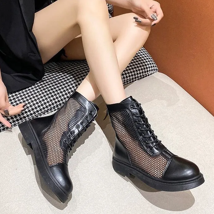 Mesh Martin Boots for Women  Spring New British Style Mesh Martin Boots Platform Ankle Boots Hollow Leather Boots for Women