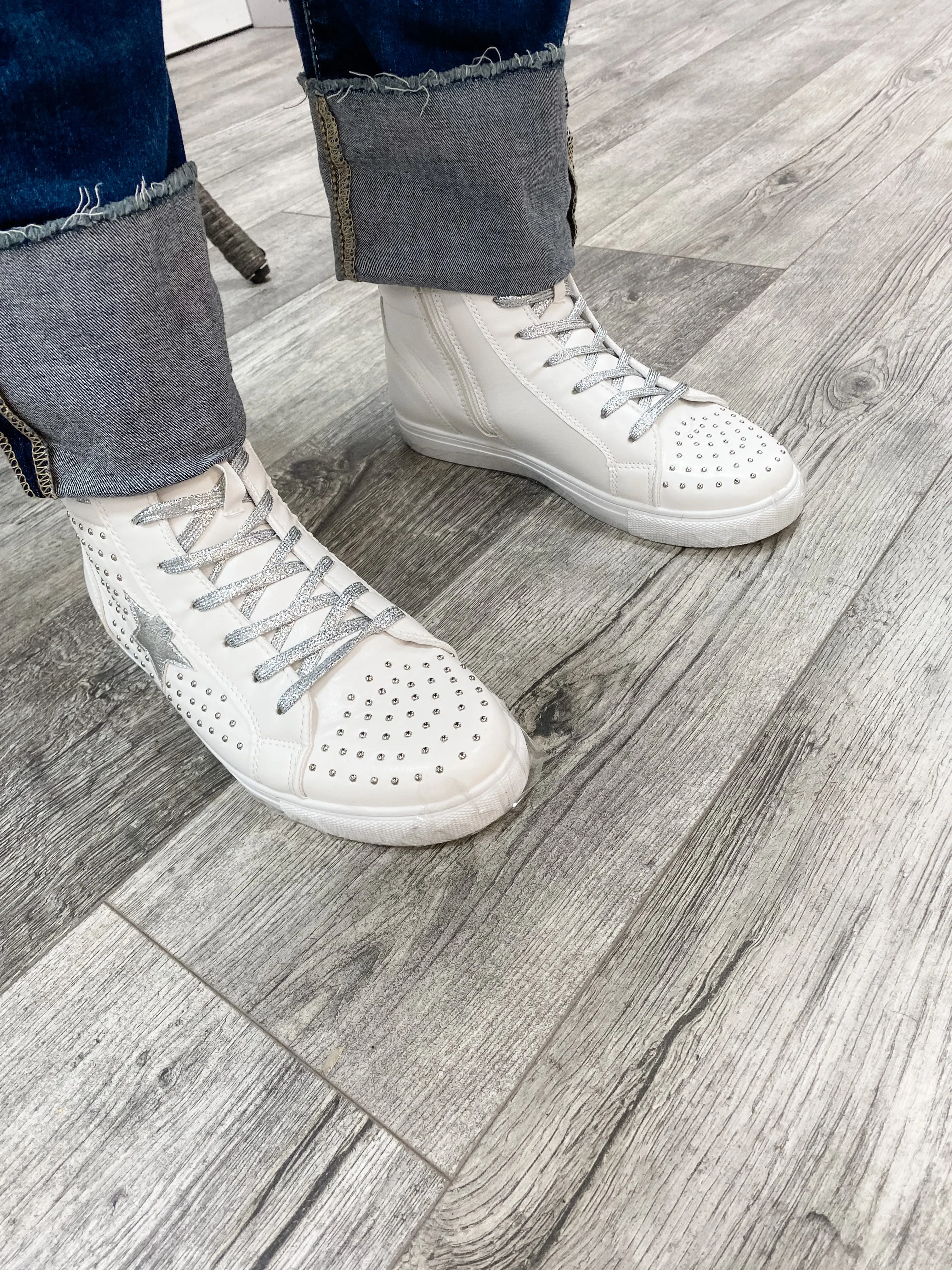 Pierre Dumas "Star Studded" High Top Side Zip Sneaker (White and Silver)
