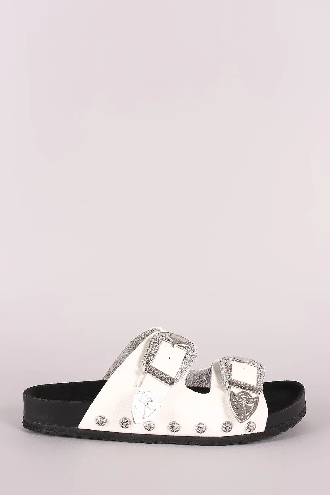 Studded Etched Buckled Double Band Footbed Sandal