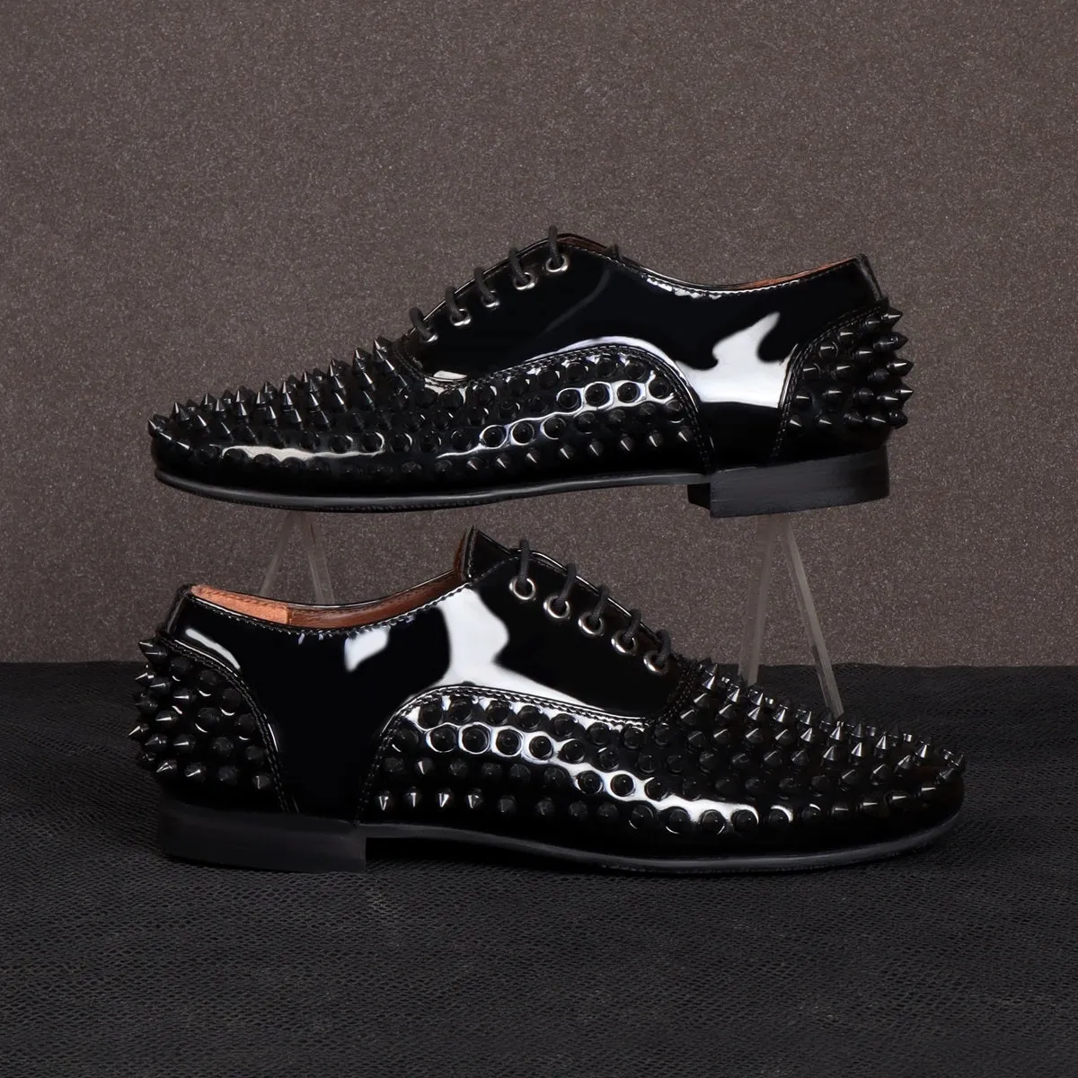 Toe And Counter Black Studded Patent Oxford Leather Lace-Up's Shoes For Men by Brune & Bareskin